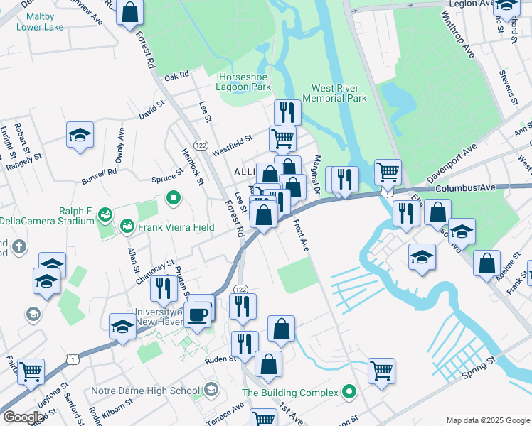 map of restaurants, bars, coffee shops, grocery stores, and more near 163 Boston Post Road in West Haven