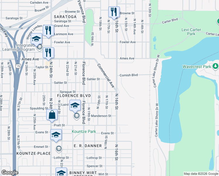 map of restaurants, bars, coffee shops, grocery stores, and more near 4111 North 17th Street in Omaha