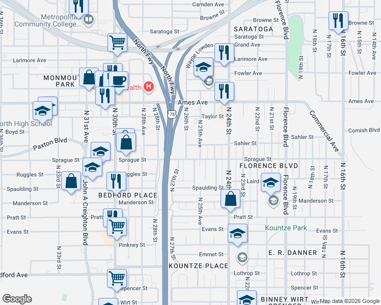 map of restaurants, bars, coffee shops, grocery stores, and more near 4115 North 26th Street in Omaha