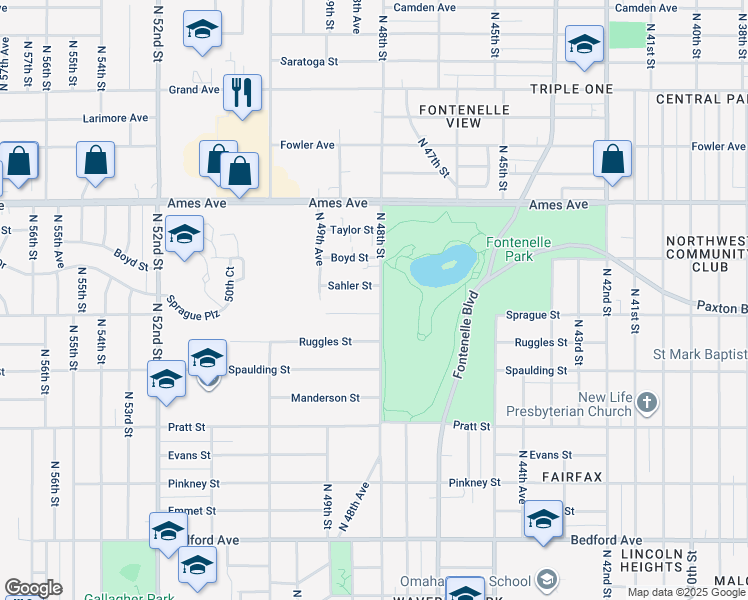 map of restaurants, bars, coffee shops, grocery stores, and more near 4821 Sahler Street in Omaha