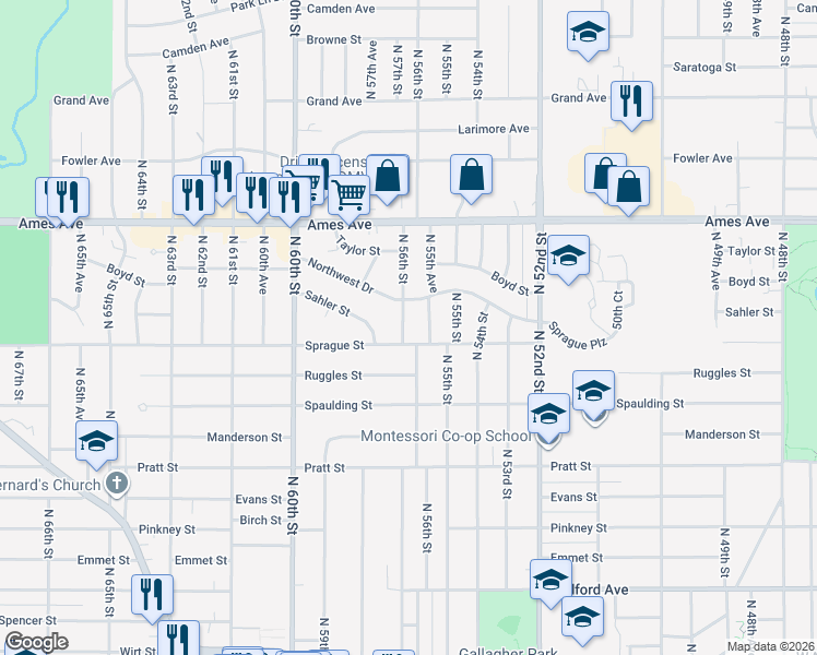 map of restaurants, bars, coffee shops, grocery stores, and more near 4117 North 56th Street in Omaha
