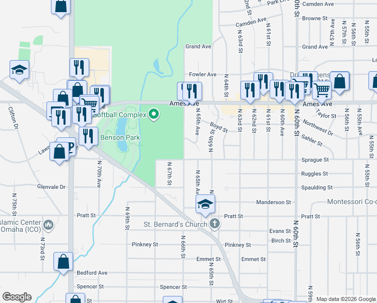 map of restaurants, bars, coffee shops, grocery stores, and more near 6503 Sahler Street in Omaha