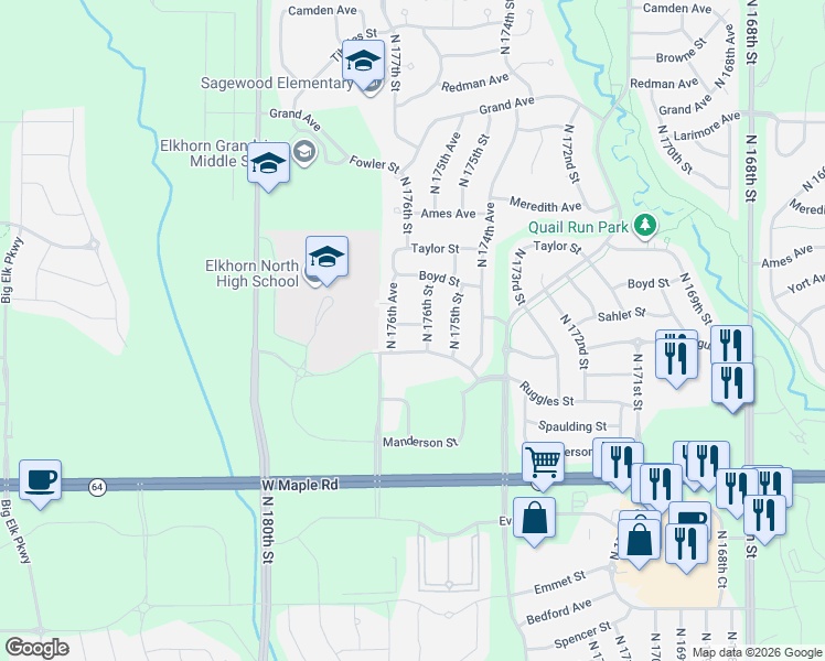 map of restaurants, bars, coffee shops, grocery stores, and more near 17611 Sahler Street in Omaha