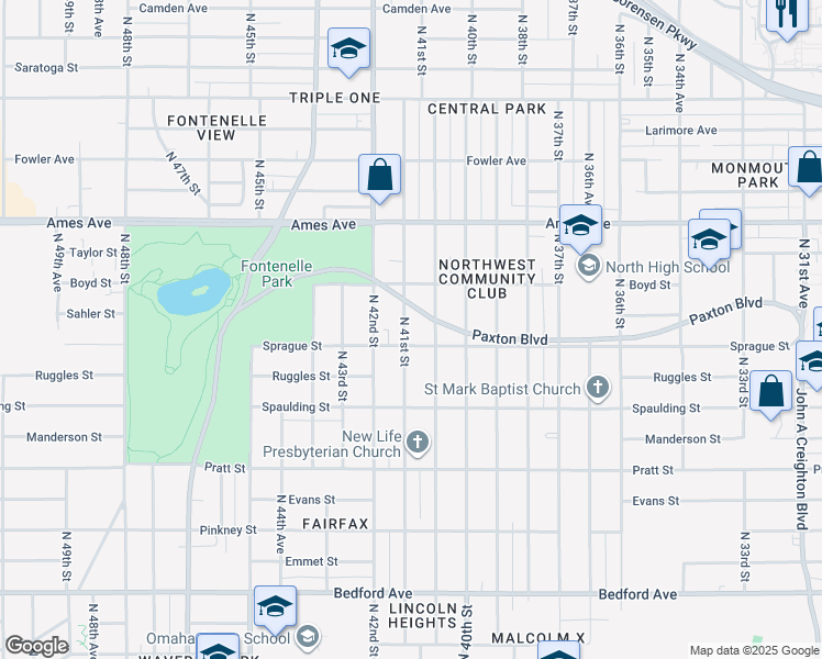 map of restaurants, bars, coffee shops, grocery stores, and more near 4111 N 41st St in Omaha