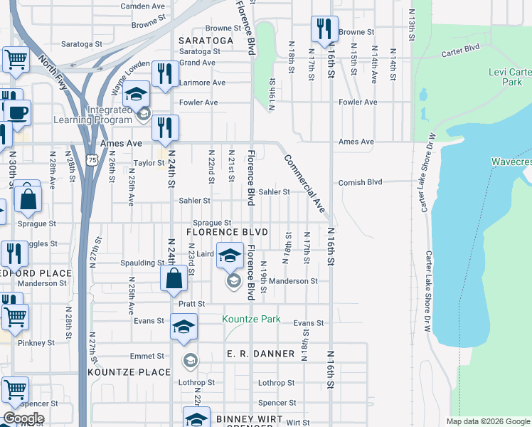 map of restaurants, bars, coffee shops, grocery stores, and more near 4110 North 19th Street in Omaha