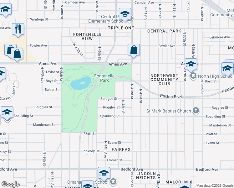 map of restaurants, bars, coffee shops, grocery stores, and more near 4113 North 44th Street in Omaha