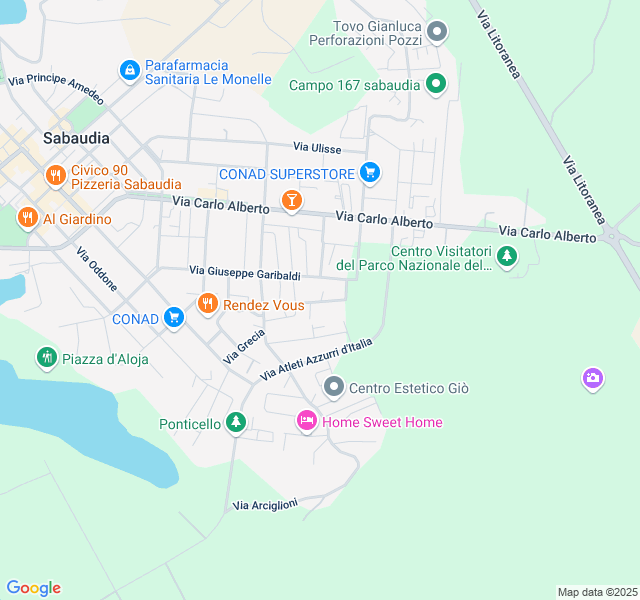 map of restaurants, bars, coffee shops, grocery stores, and more near 6 Via Belgio in Sabaudia