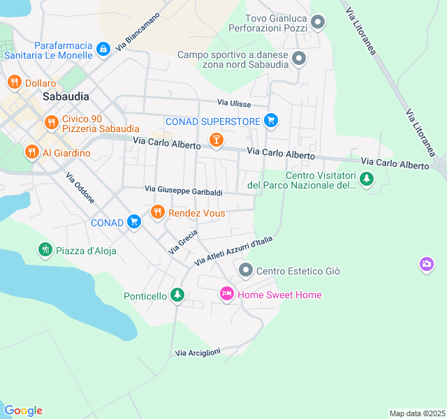 map of restaurants, bars, coffee shops, grocery stores, and more near 6 Via Belgio in Sabaudia