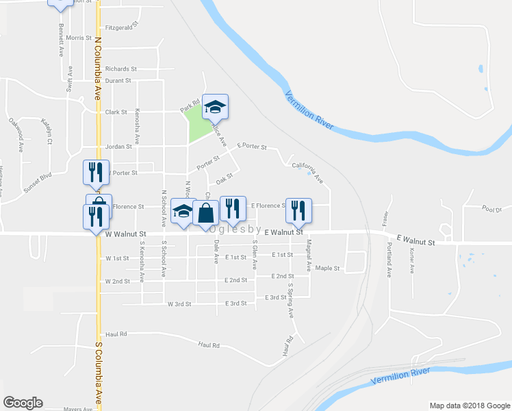 map of restaurants, bars, coffee shops, grocery stores, and more near 198 East Florence Street in Oglesby