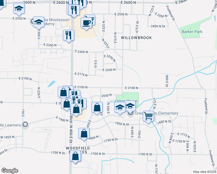 map of restaurants, bars, coffee shops, grocery stores, and more near 536 East 2100 North in Ogden