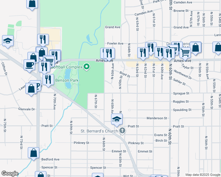 map of restaurants, bars, coffee shops, grocery stores, and more near 6503 Sahler Street in Omaha