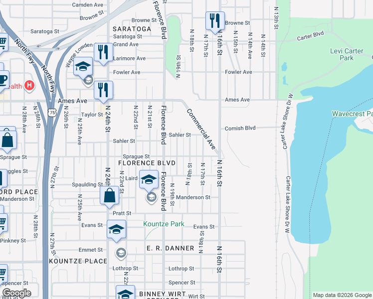 map of restaurants, bars, coffee shops, grocery stores, and more near 4110 North 18th Street in Omaha