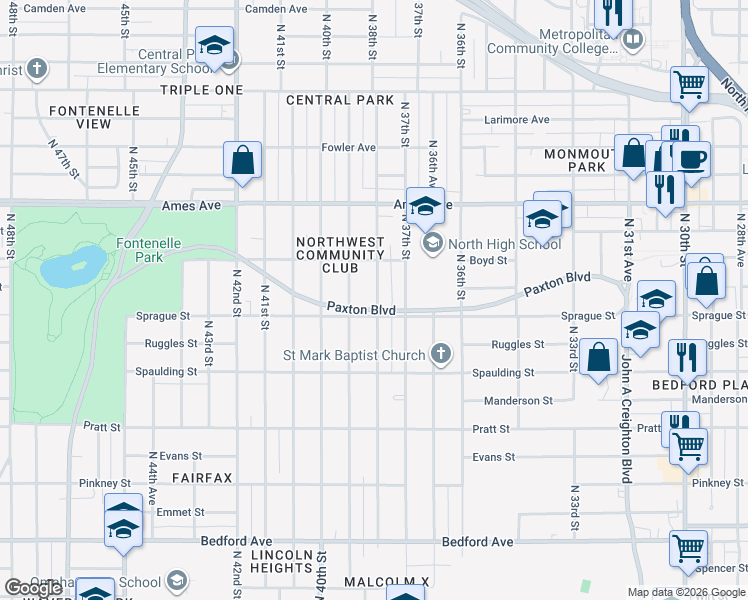 map of restaurants, bars, coffee shops, grocery stores, and more near 3802 Paxton Boulevard in Omaha