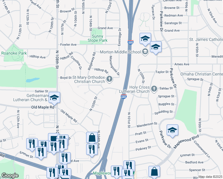 map of restaurants, bars, coffee shops, grocery stores, and more near 10311 Sprague Street in Omaha