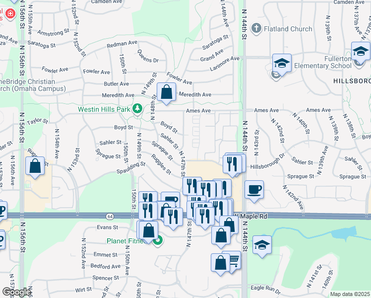 map of restaurants, bars, coffee shops, grocery stores, and more near 4205 North 147th Street in Omaha