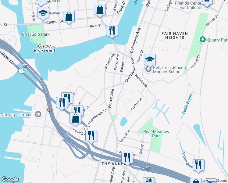 map of restaurants, bars, coffee shops, grocery stores, and more near 69 Farren Avenue in New Haven