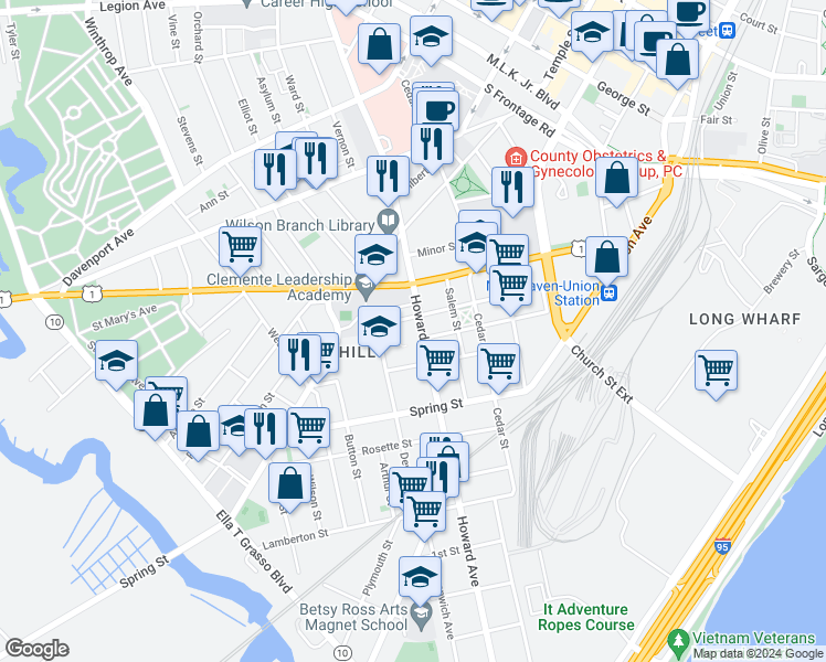 map of restaurants, bars, coffee shops, grocery stores, and more near 564 Howard Avenue in New Haven