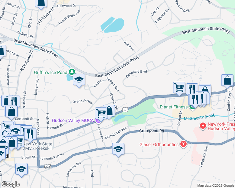 map of restaurants, bars, coffee shops, grocery stores, and more near 221 Husted Avenue in Peekskill