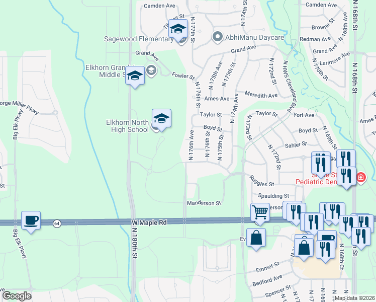 map of restaurants, bars, coffee shops, grocery stores, and more near 4128 North 176th Avenue in Omaha