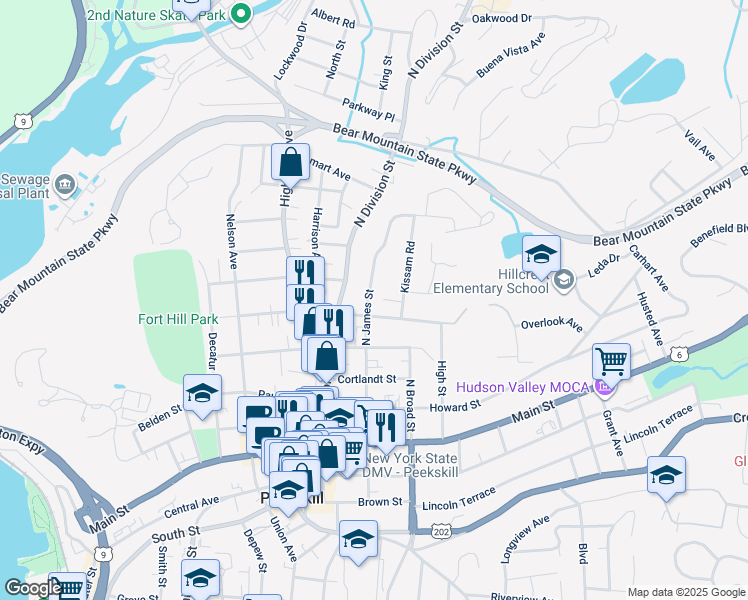map of restaurants, bars, coffee shops, grocery stores, and more near 511 North James Street in Peekskill