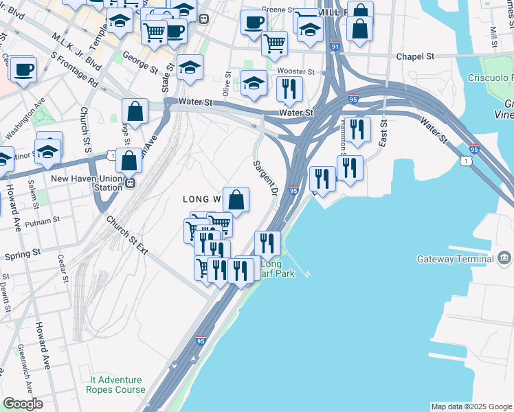 map of restaurants, bars, coffee shops, grocery stores, and more near 500 Sargent Drive in New Haven