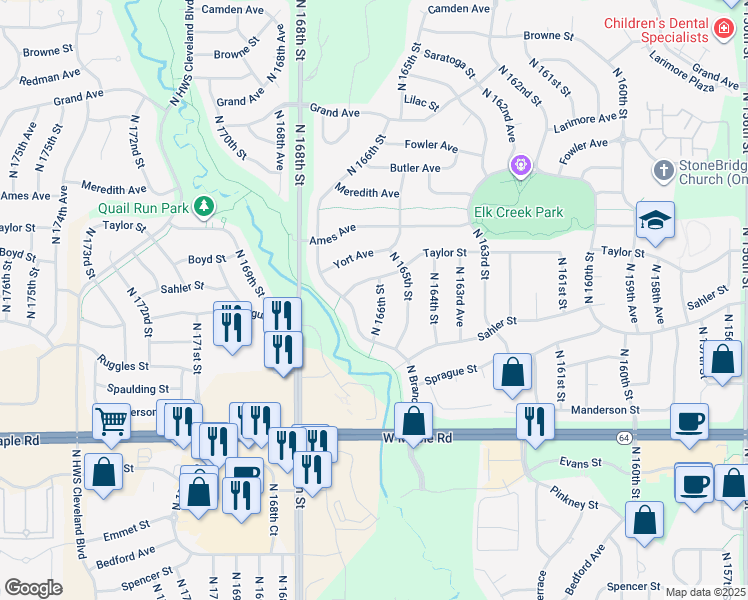map of restaurants, bars, coffee shops, grocery stores, and more near 4308 North 166th Street in Omaha