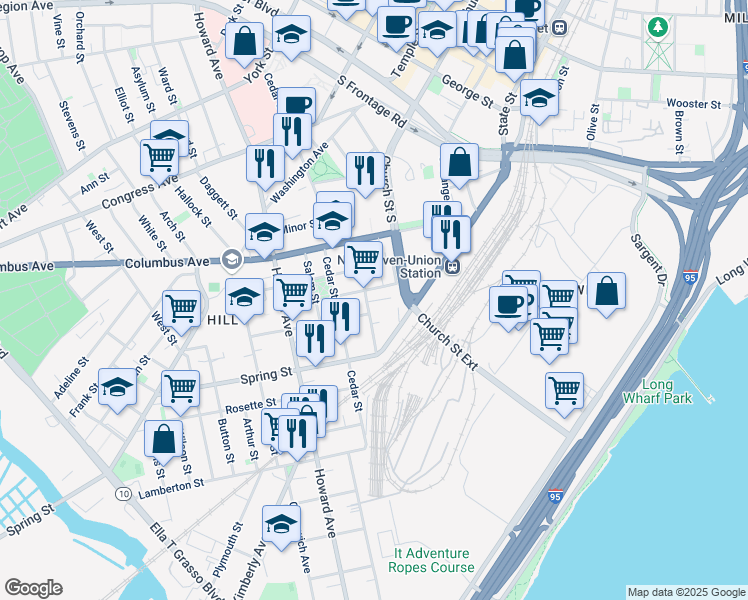 map of restaurants, bars, coffee shops, grocery stores, and more near 45 Liberty Street in New Haven