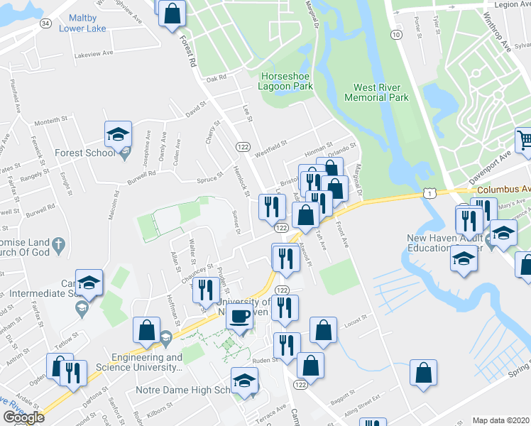 map of restaurants, bars, coffee shops, grocery stores, and more near 56 Forest Road in West Haven