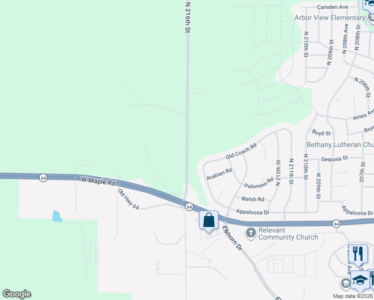 map of restaurants, bars, coffee shops, grocery stores, and more near 4101 North 216th Street in Douglas County