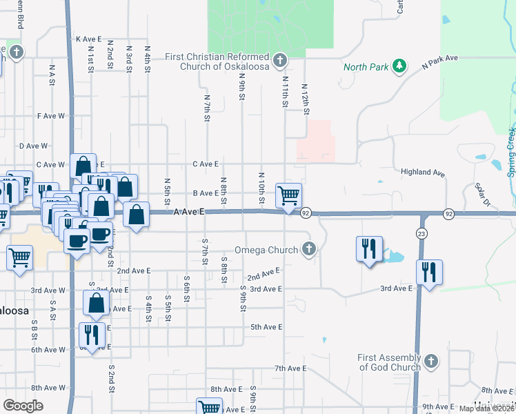 map of restaurants, bars, coffee shops, grocery stores, and more near 202 North 9th Street in Oskaloosa