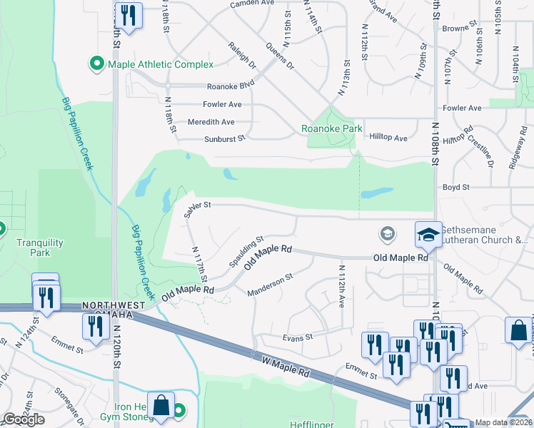 map of restaurants, bars, coffee shops, grocery stores, and more near 11345 Sahler Street in Omaha