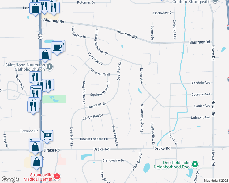map of restaurants, bars, coffee shops, grocery stores, and more near 16993 Deer Path Drive in Strongsville