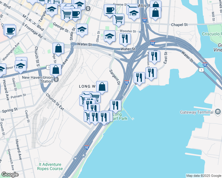 map of restaurants, bars, coffee shops, grocery stores, and more near 510 Sargent Drive in New Haven