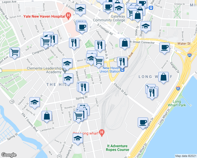 map of restaurants, bars, coffee shops, grocery stores, and more near 45 Liberty Street in New Haven