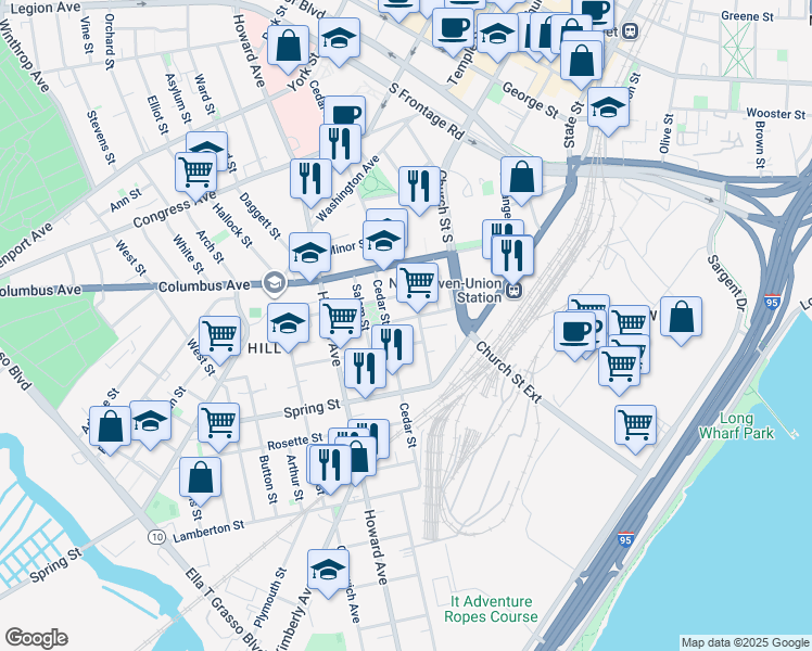 map of restaurants, bars, coffee shops, grocery stores, and more near 140 Carlisle Street in New Haven