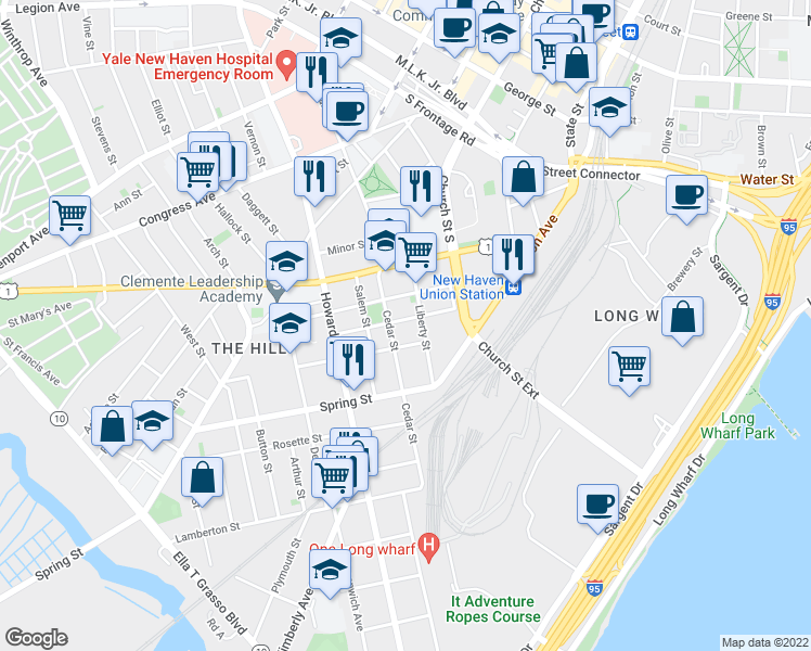 map of restaurants, bars, coffee shops, grocery stores, and more near 140 Carlisle Street in New Haven