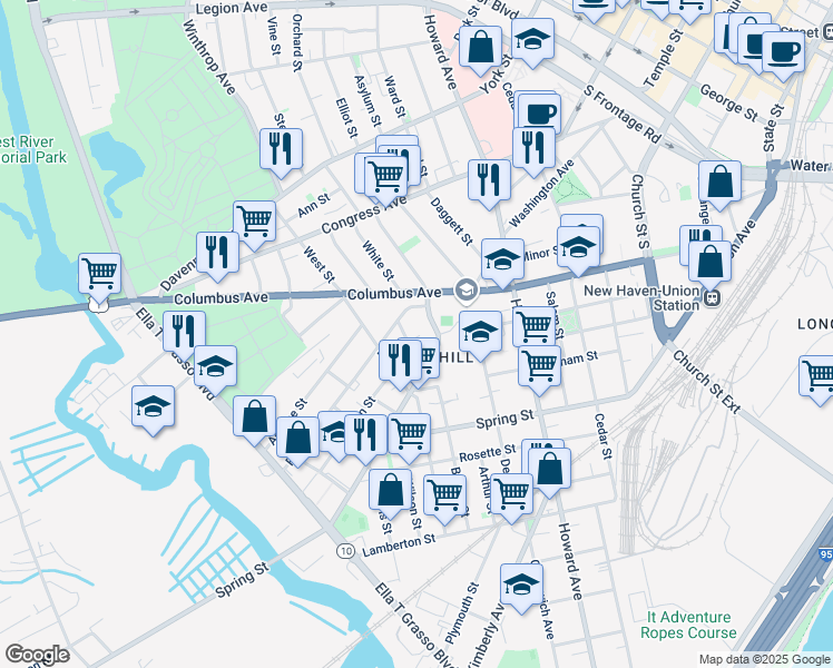 map of restaurants, bars, coffee shops, grocery stores, and more near in New Haven