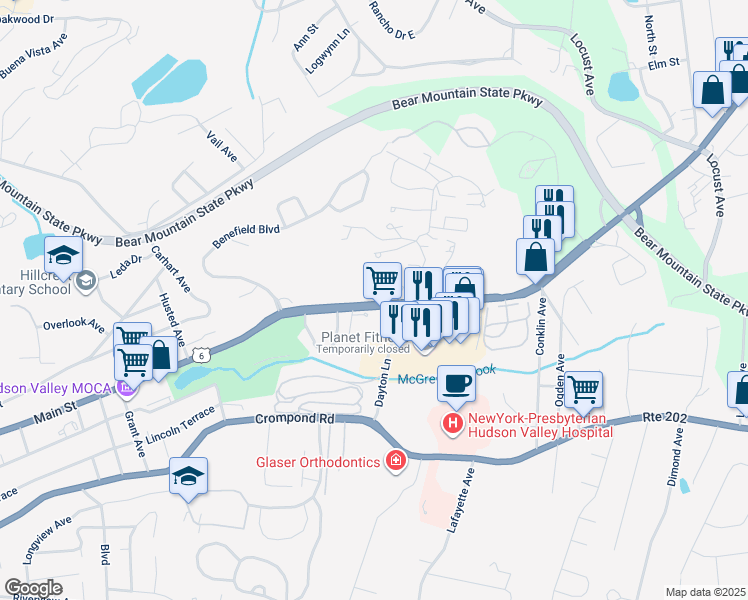 map of restaurants, bars, coffee shops, grocery stores, and more near 1825 East Main Street in Peekskill