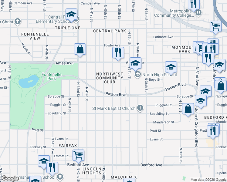 map of restaurants, bars, coffee shops, grocery stores, and more near 3910 Paxton Boulevard in Omaha