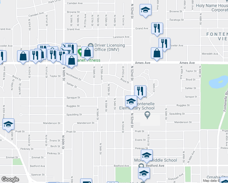 map of restaurants, bars, coffee shops, grocery stores, and more near 4113 North 54th Street in Omaha