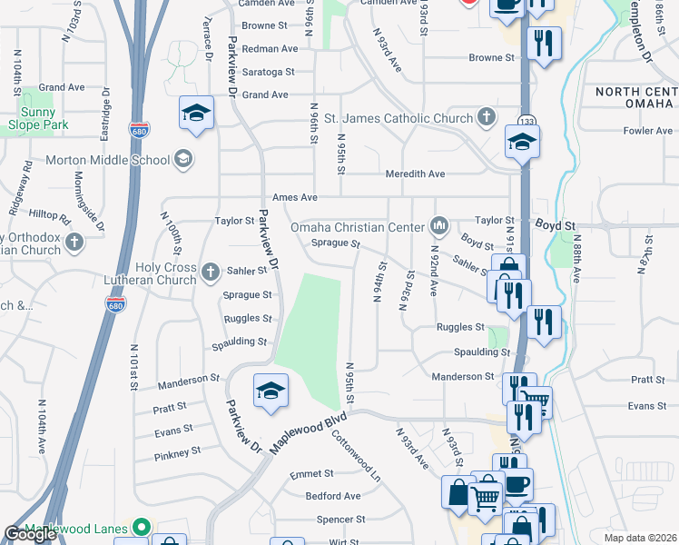 map of restaurants, bars, coffee shops, grocery stores, and more near 9515 Ruggles Street in Omaha