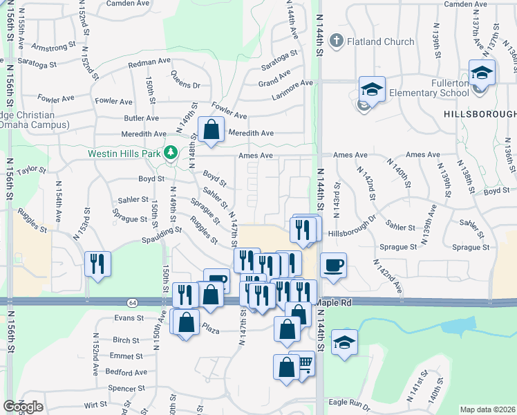 map of restaurants, bars, coffee shops, grocery stores, and more near 4153 North 146th Court in Omaha