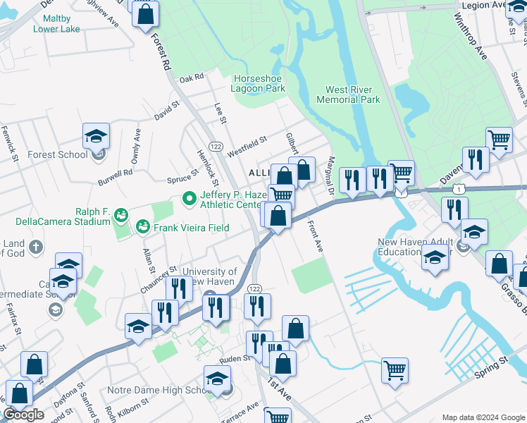 map of restaurants, bars, coffee shops, grocery stores, and more near 1 Lee Street in West Haven