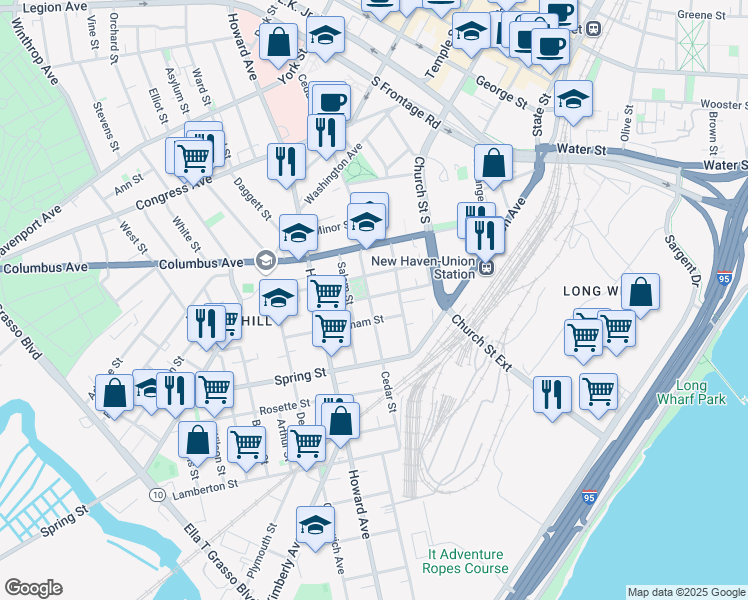 map of restaurants, bars, coffee shops, grocery stores, and more near 140 Carlisle Street in New Haven