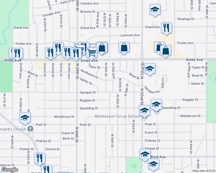 map of restaurants, bars, coffee shops, grocery stores, and more near 4117 North 56th Street in Omaha