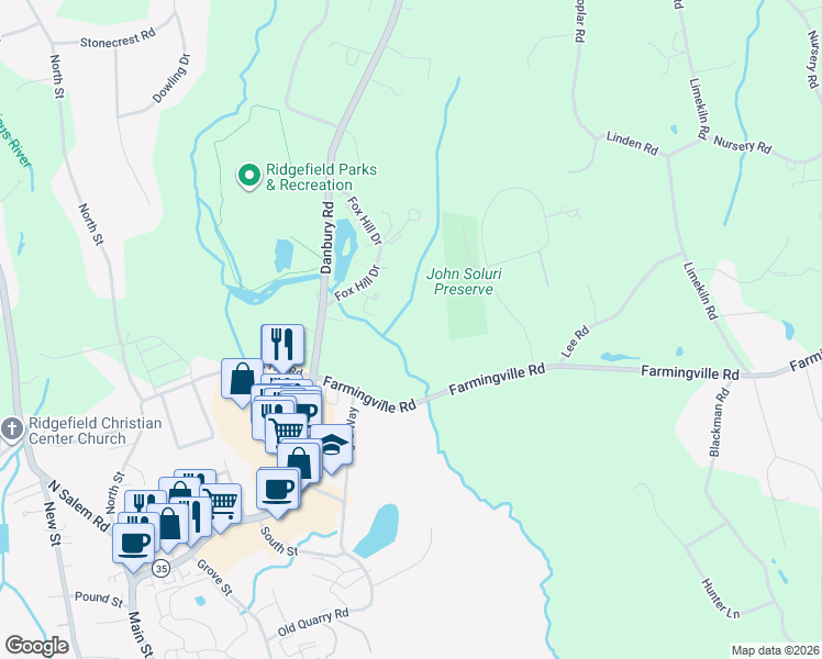 map of restaurants, bars, coffee shops, grocery stores, and more near 17 Outpost Lane in Ridgefield