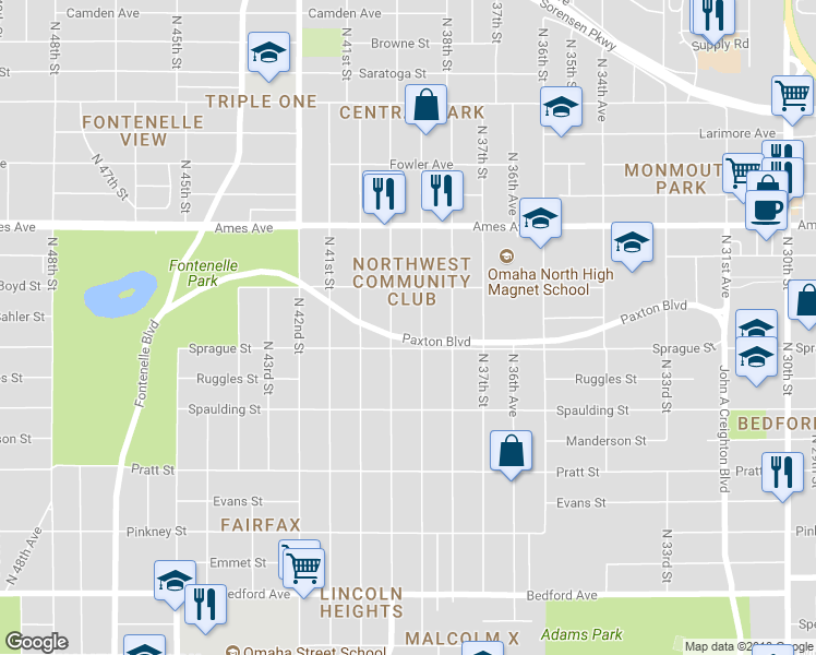 map of restaurants, bars, coffee shops, grocery stores, and more near 3910 Paxton Boulevard in Omaha