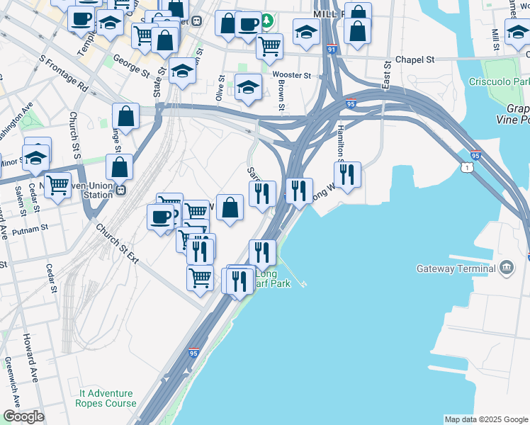 map of restaurants, bars, coffee shops, grocery stores, and more near 510 Sargent Drive in New Haven
