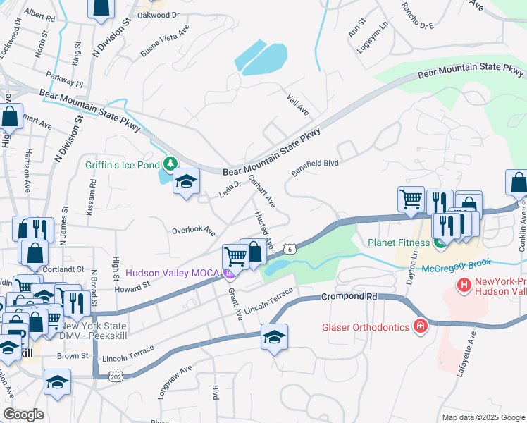 map of restaurants, bars, coffee shops, grocery stores, and more near 221 Husted Avenue in Peekskill