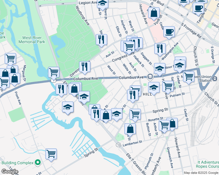 map of restaurants, bars, coffee shops, grocery stores, and more near 48 Thorn Street in New Haven